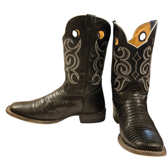 Black Lizard Leather Cowboy Boots Mens 9 Reyme Square Toe Mex 26 - Picture 1 of 16